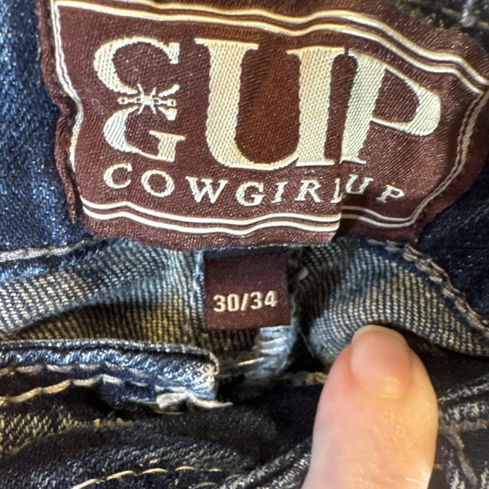 Cowgirl Up Bootcut Jeans Distressed Dark Wash Embroidered Sequins 30x34 - Picture 7 of 16